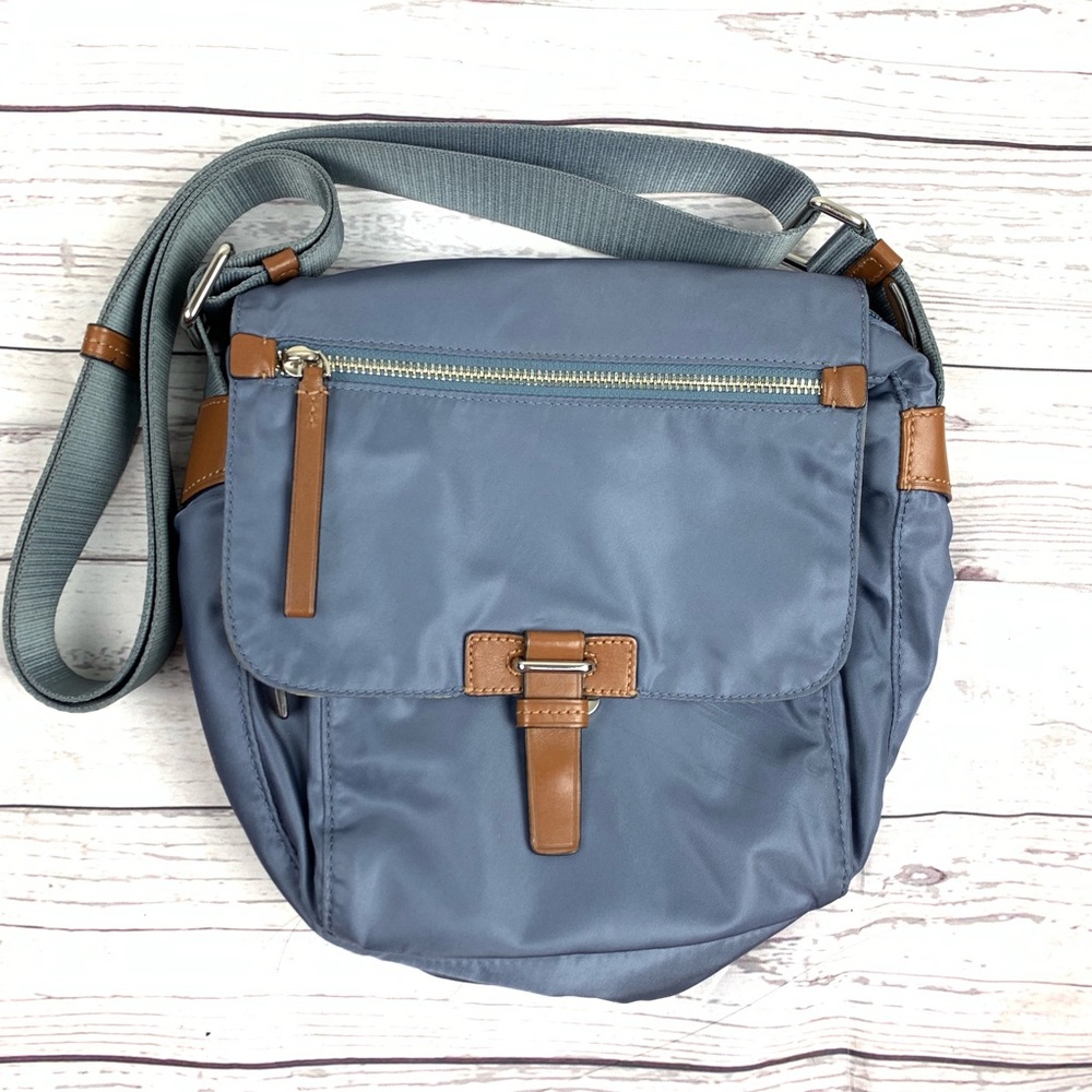 Tumi Blue Crossbody Bag with Brown Trim